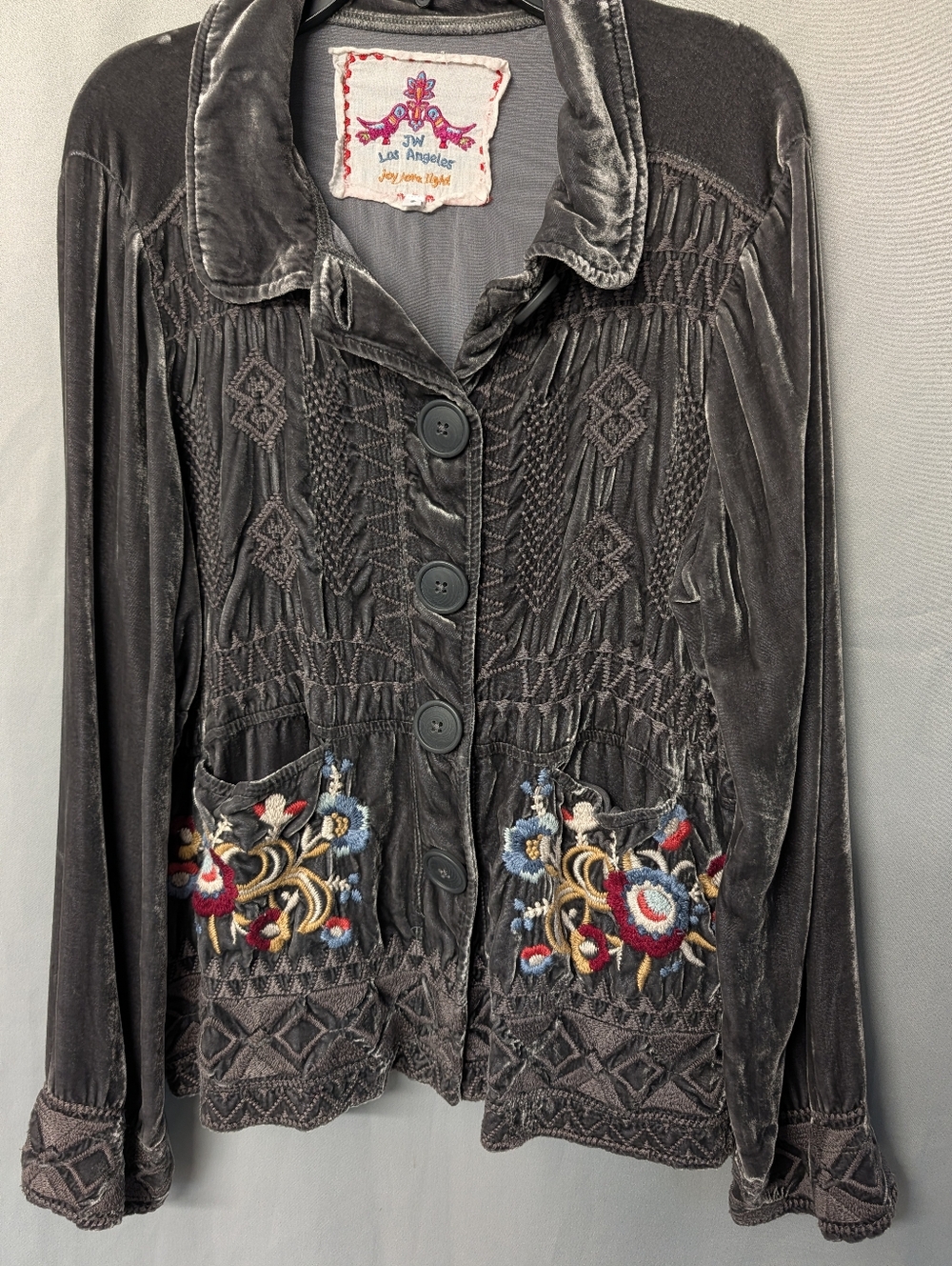 Johnny Was Silk Charcoal Velvet Floral Embroidered Button-Front Blazer Size S